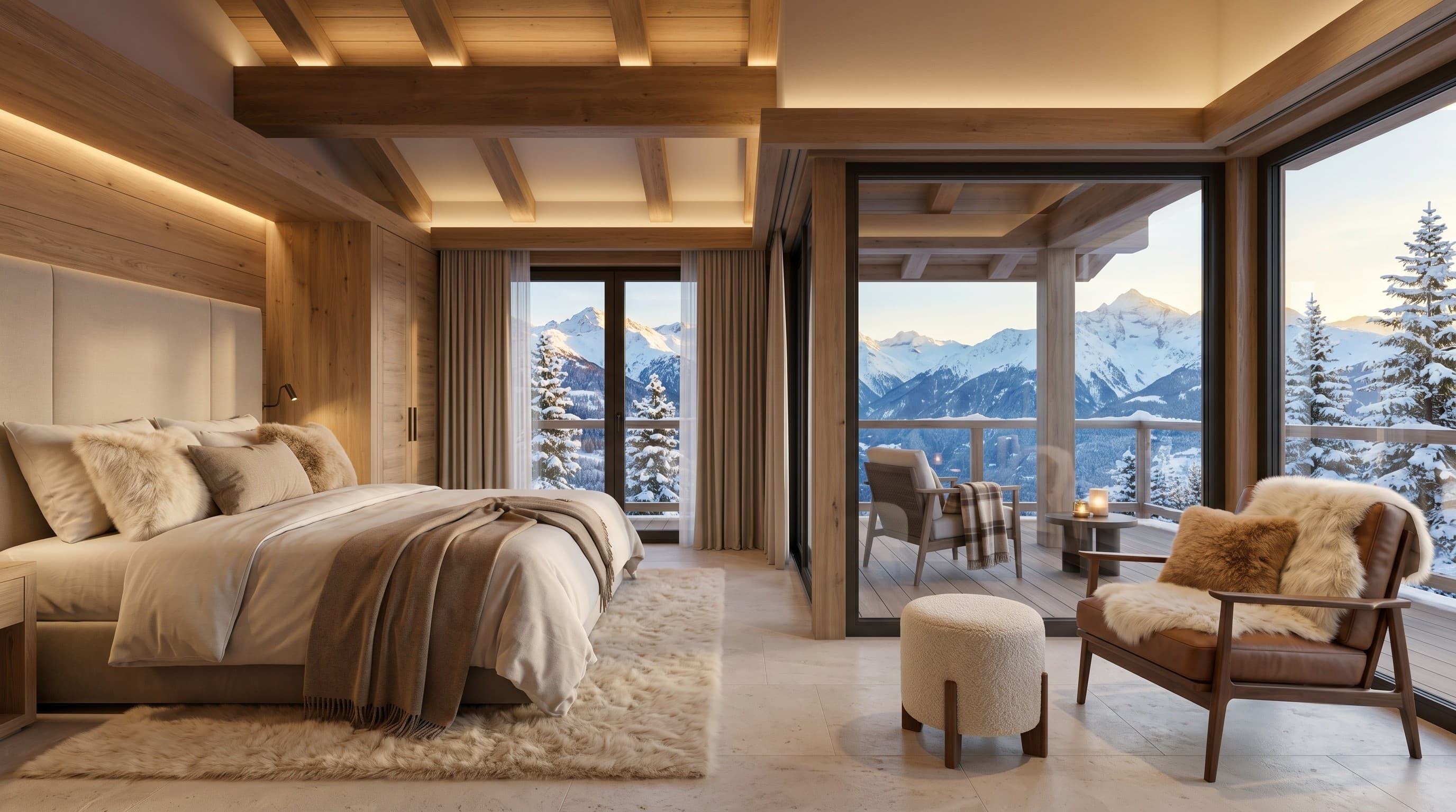 Suite d’hôtel de montagne aménagée avec des peaux naturelles AlpiForma