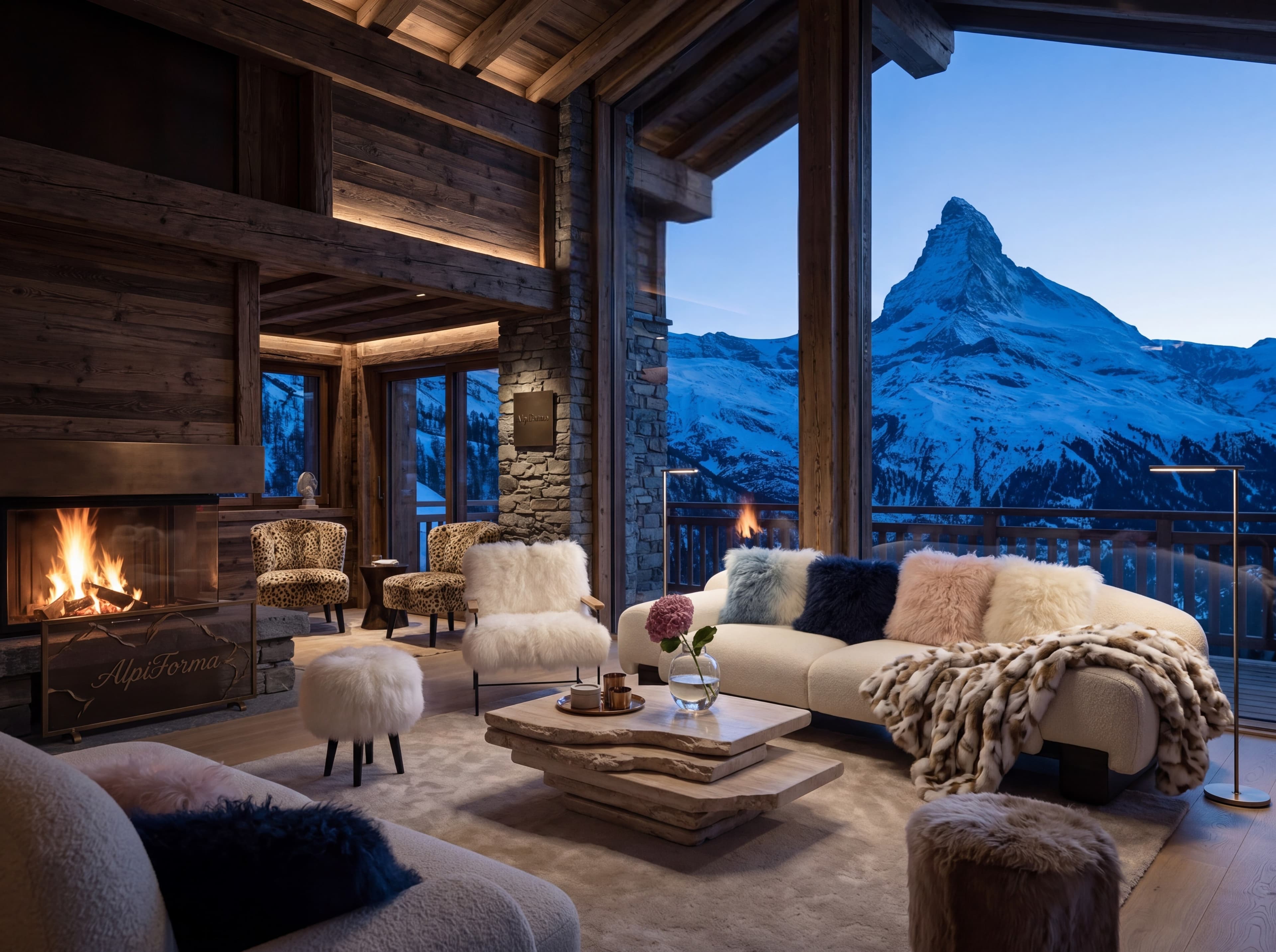 Chalet alpin AlpiForma — intérieur chaleureux avec vue sur le Cervin