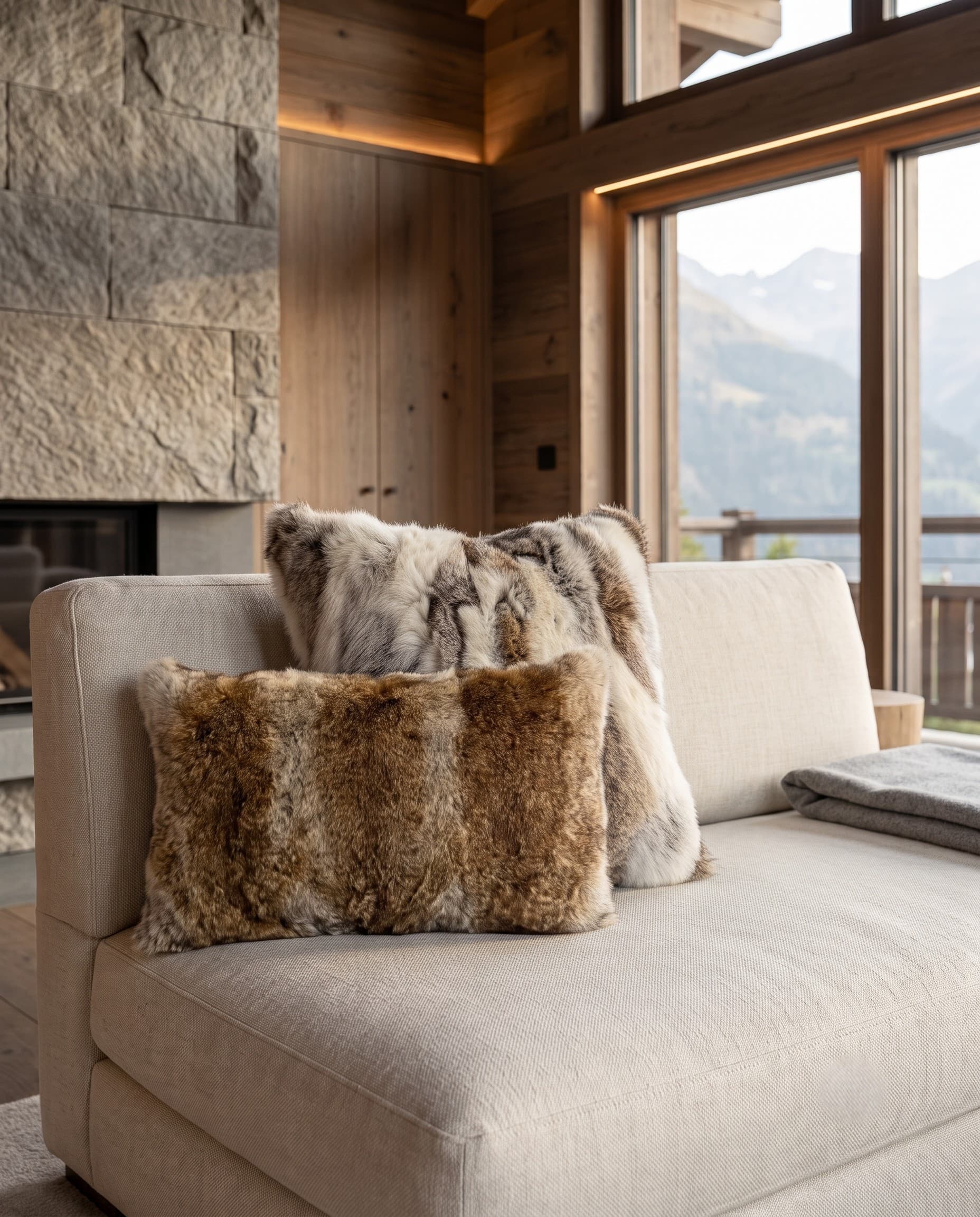 Coussins en fourrure de lapin sur un canapé de chalet — le brun et le givré côte à côte