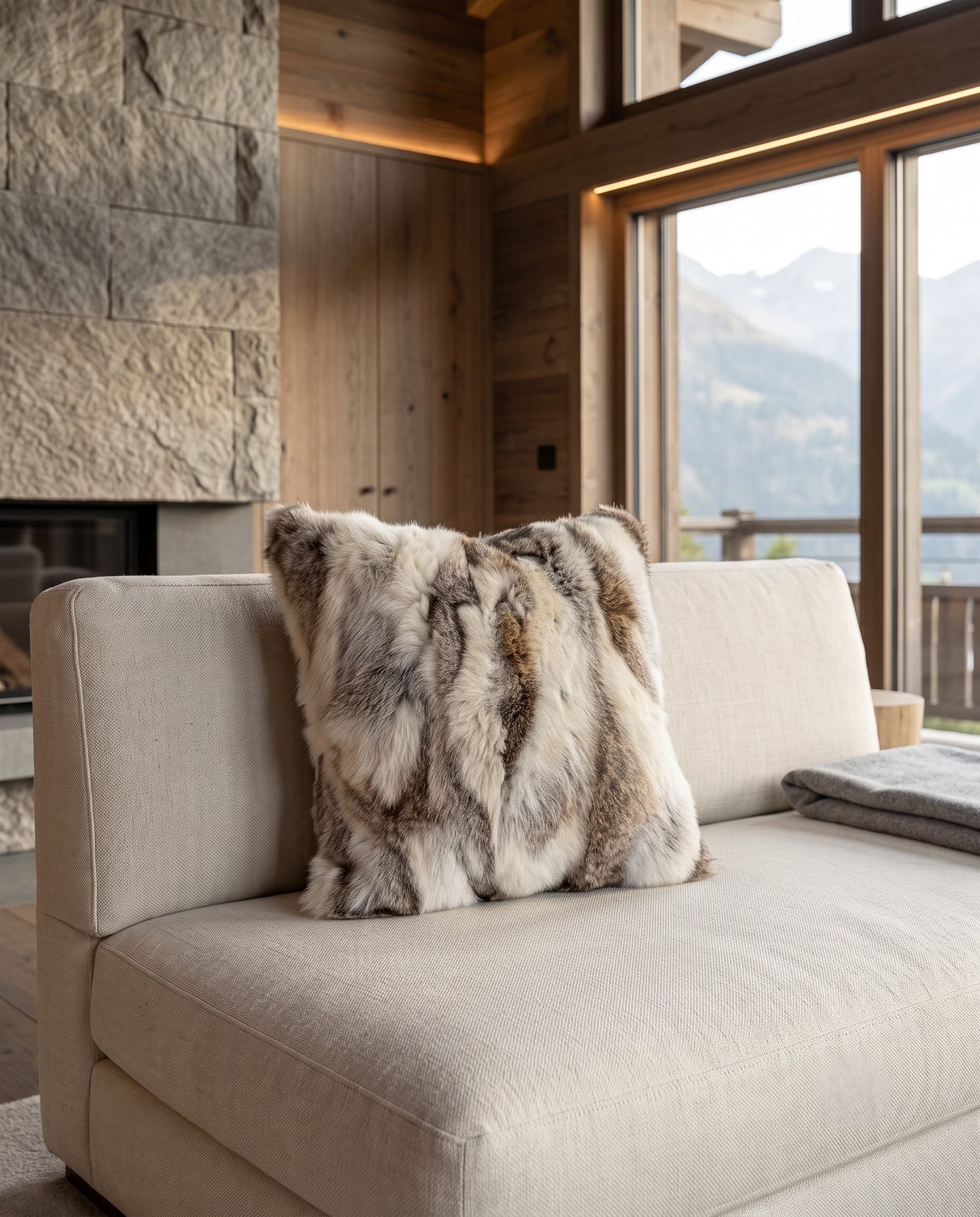 Coussin en fourrure de lapin givré sur un canapé, au coin du feu