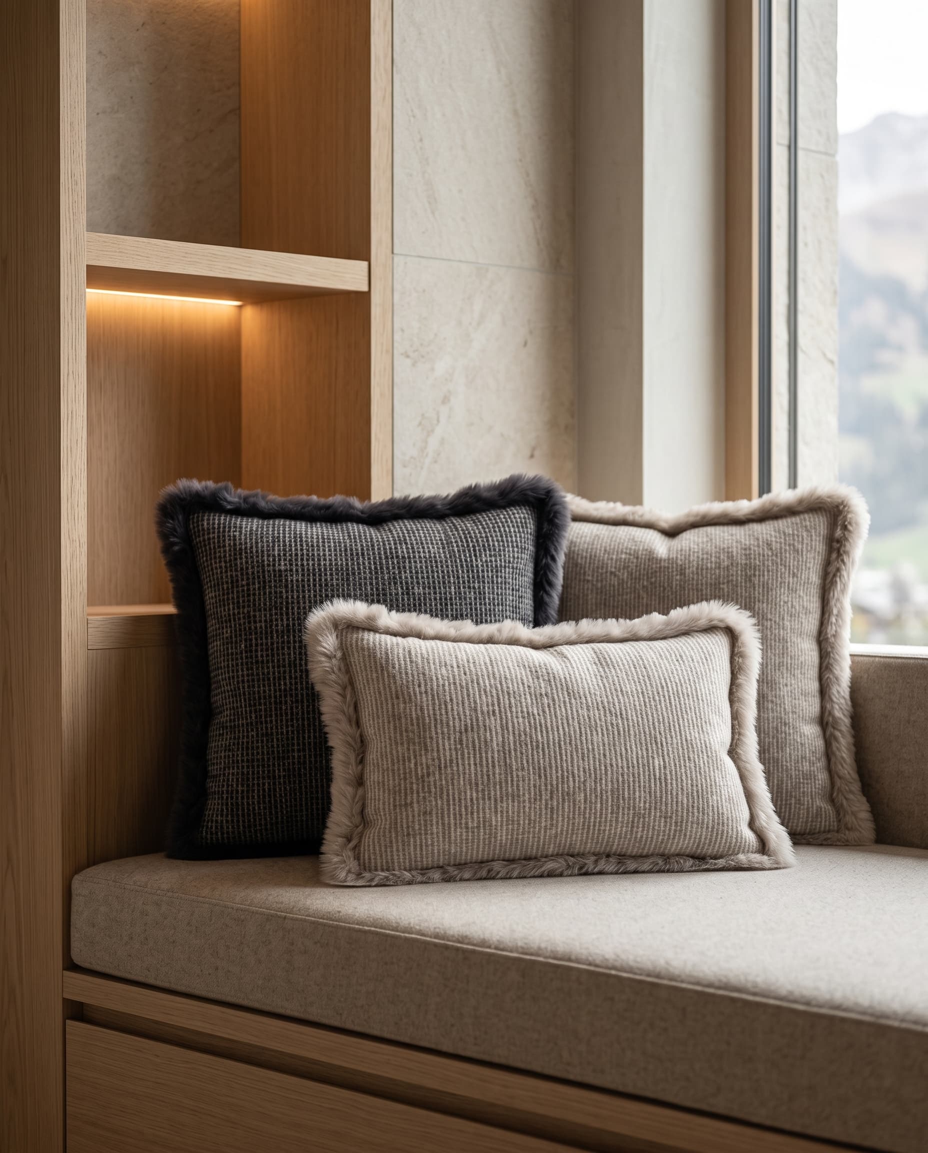 Coussins en laine mérinos sur une banquette de fenêtre, face à la montagne