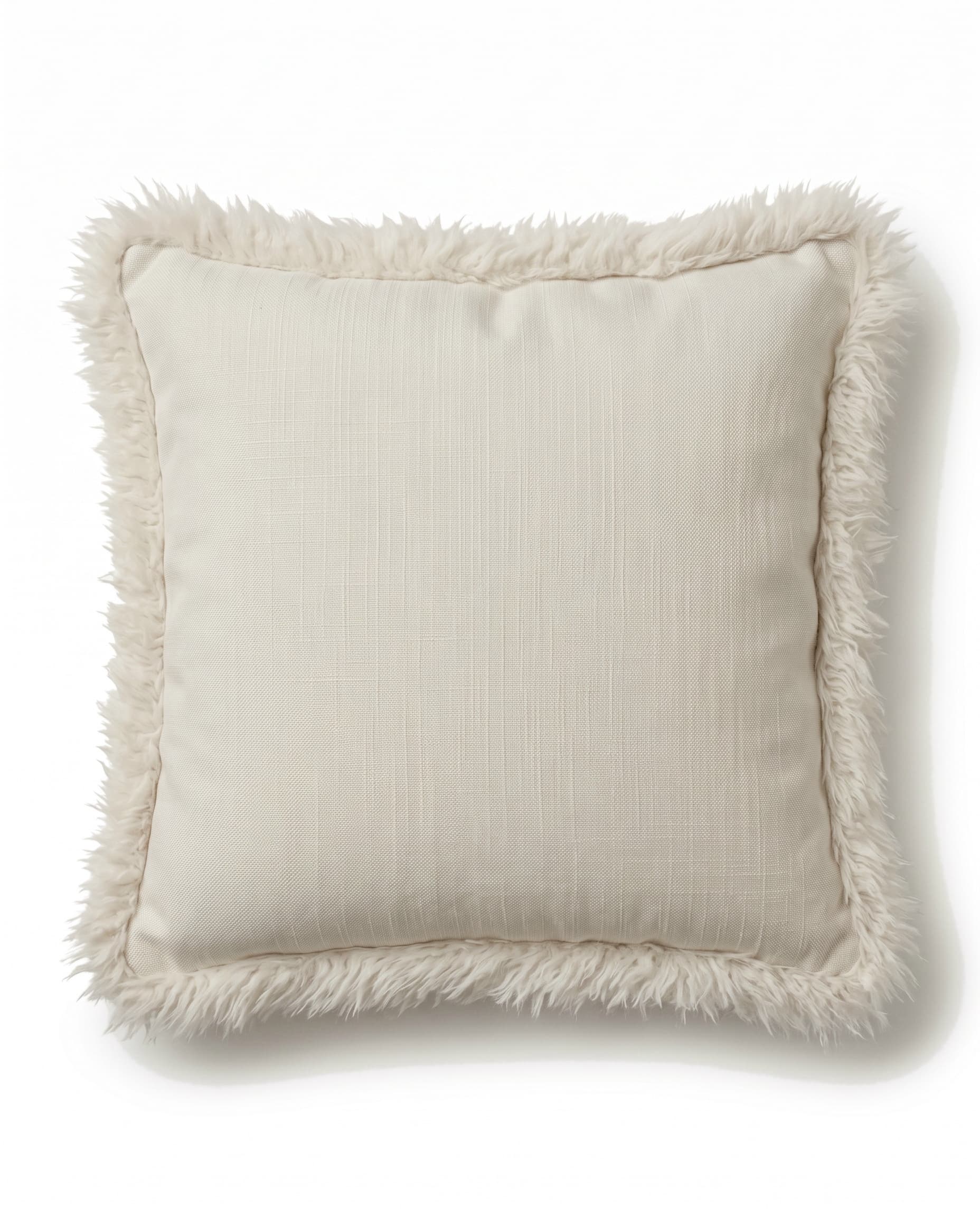 Coussin en lin et agneau — Écru, carré 45 × 45 cm, bordure d’agneau