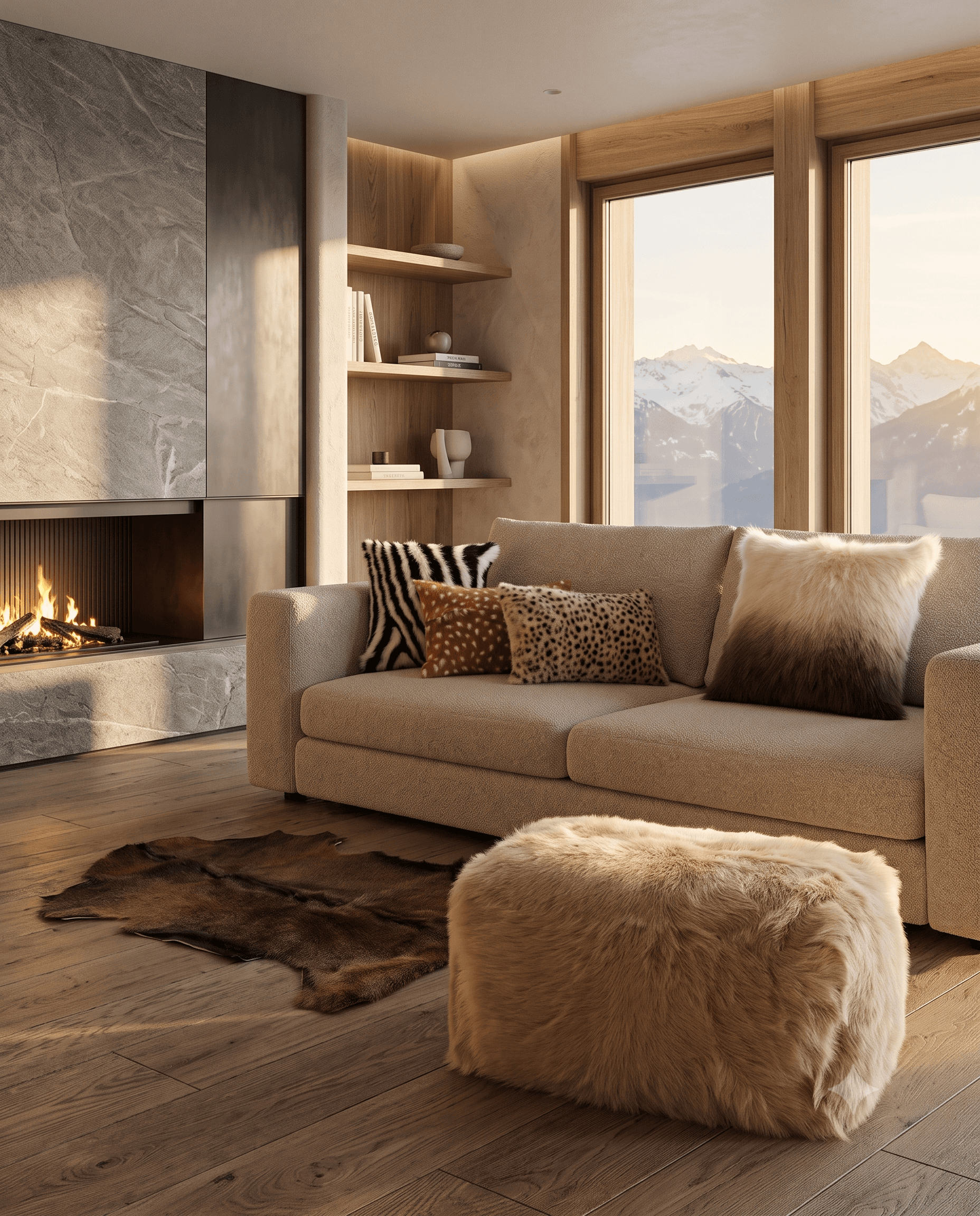 Pouf Vals en peau de chèvre dans un séjour de chalet