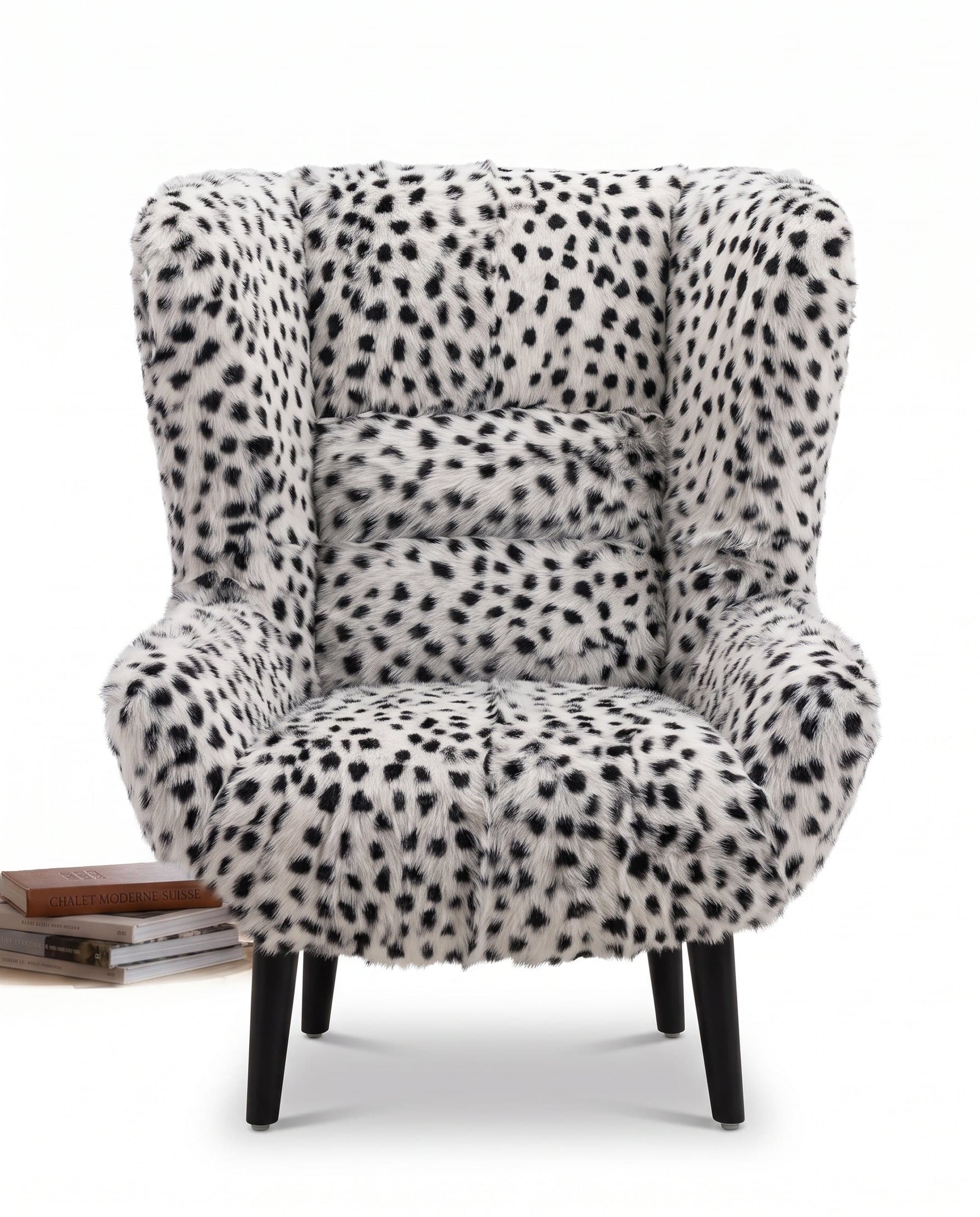 Fauteuil en peau de chèvre vu de face — dossier à oreilles, coussin de reins, pieds fuselés noirs