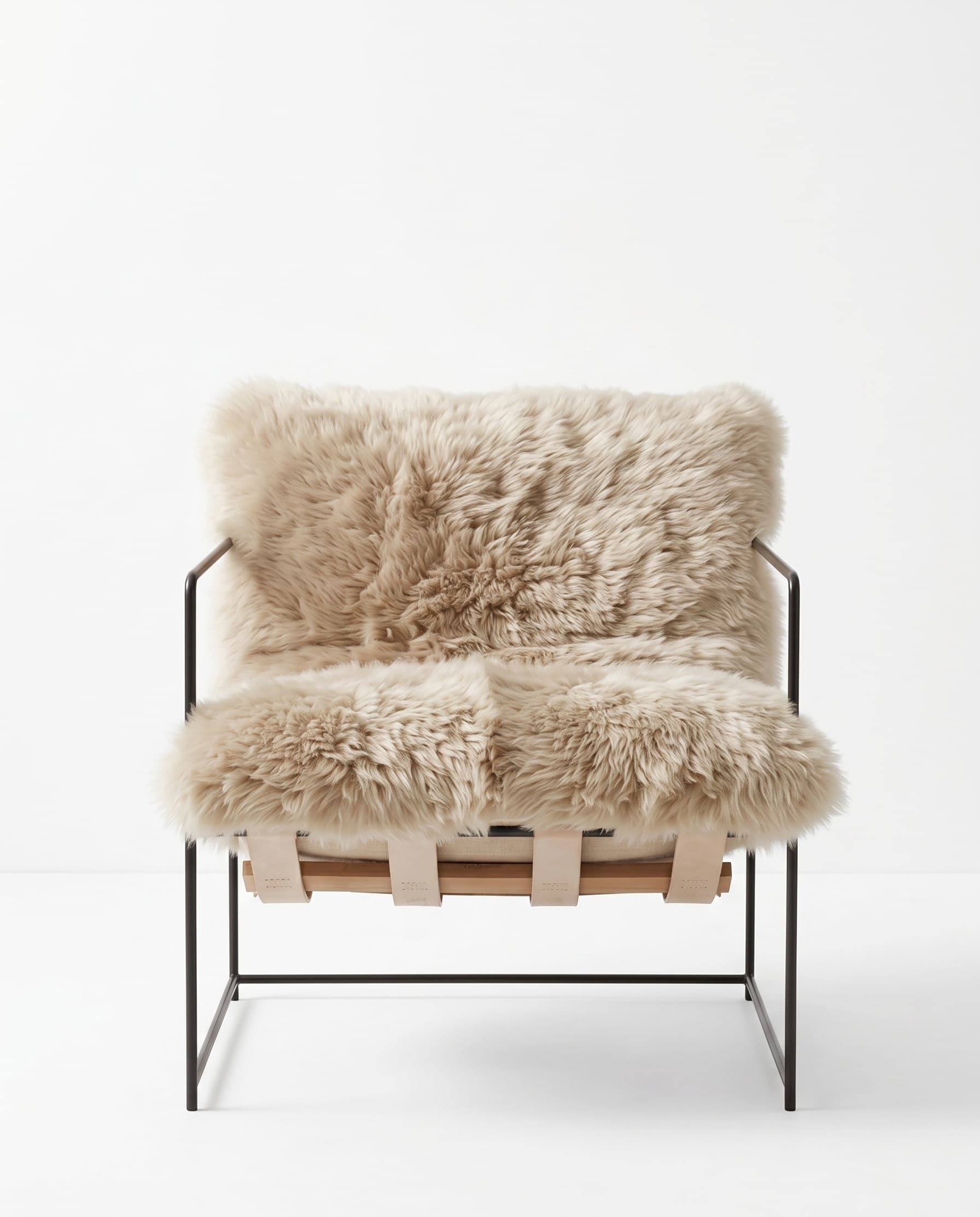 Fauteuil en peau de mouton de Nouvelle-Zélande vu de face — structure métal noir, assise et dossier en toison longue