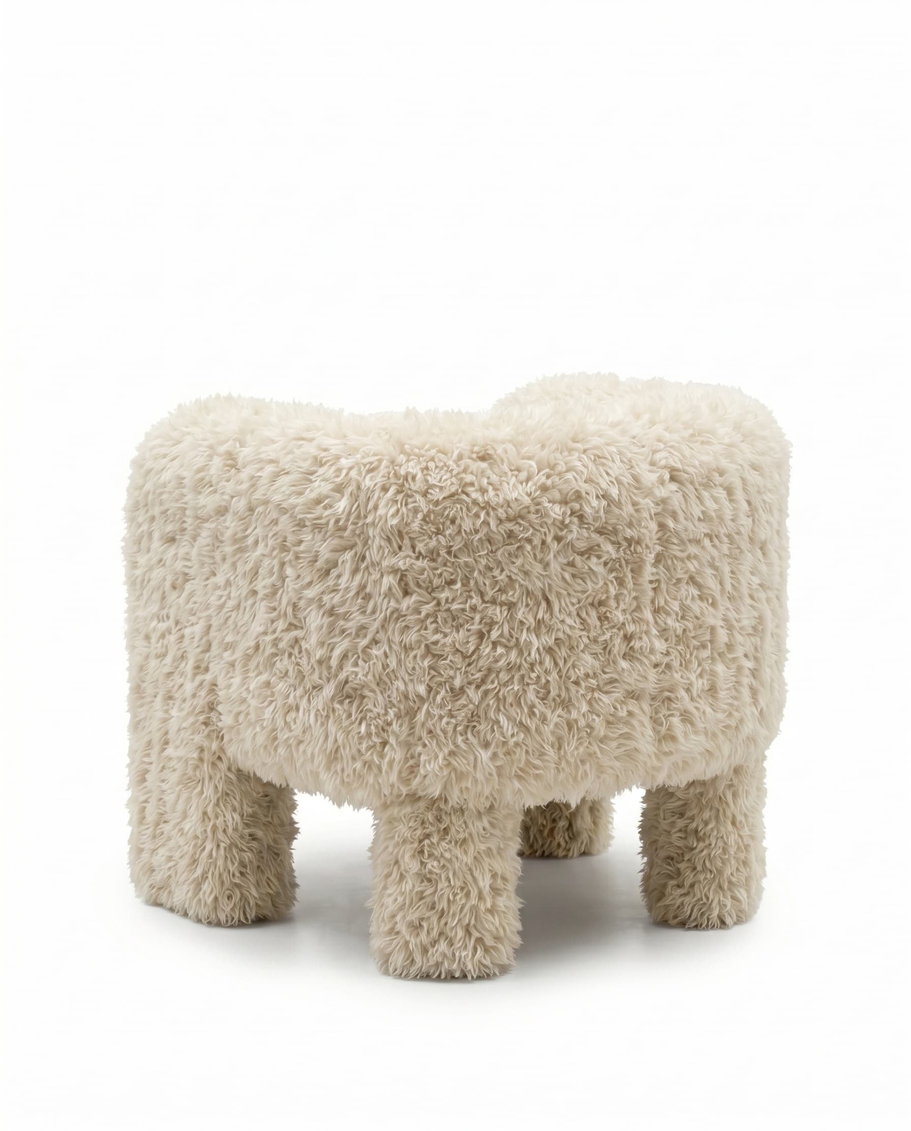 Fauteuil sculptural en peau de mouton de style islandais vu de dos — dossier habillé sur toute sa courbe