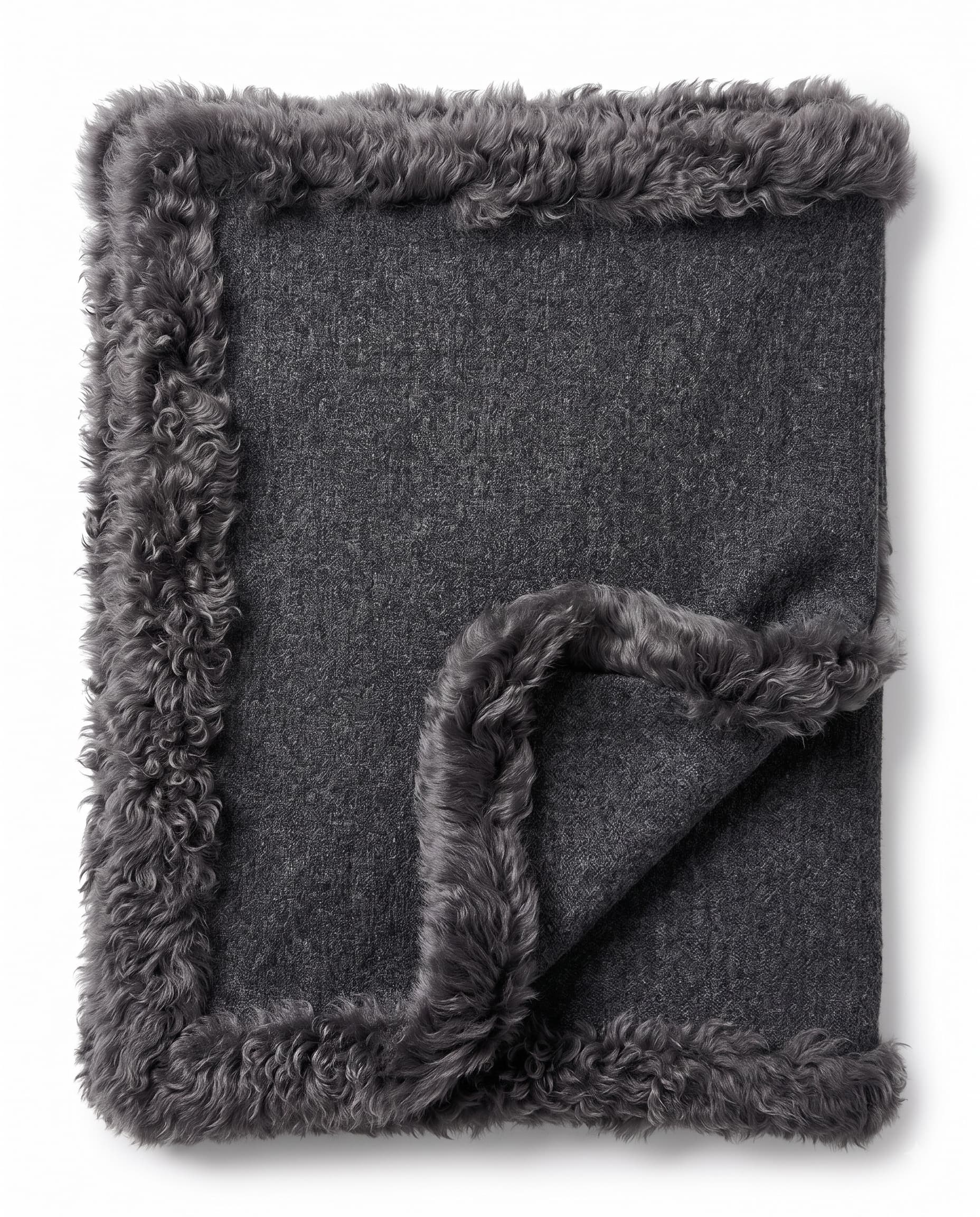 Plaid en cachemire et laine — Anthracite chiné — bordure d’agneau, 130 × 180 cm