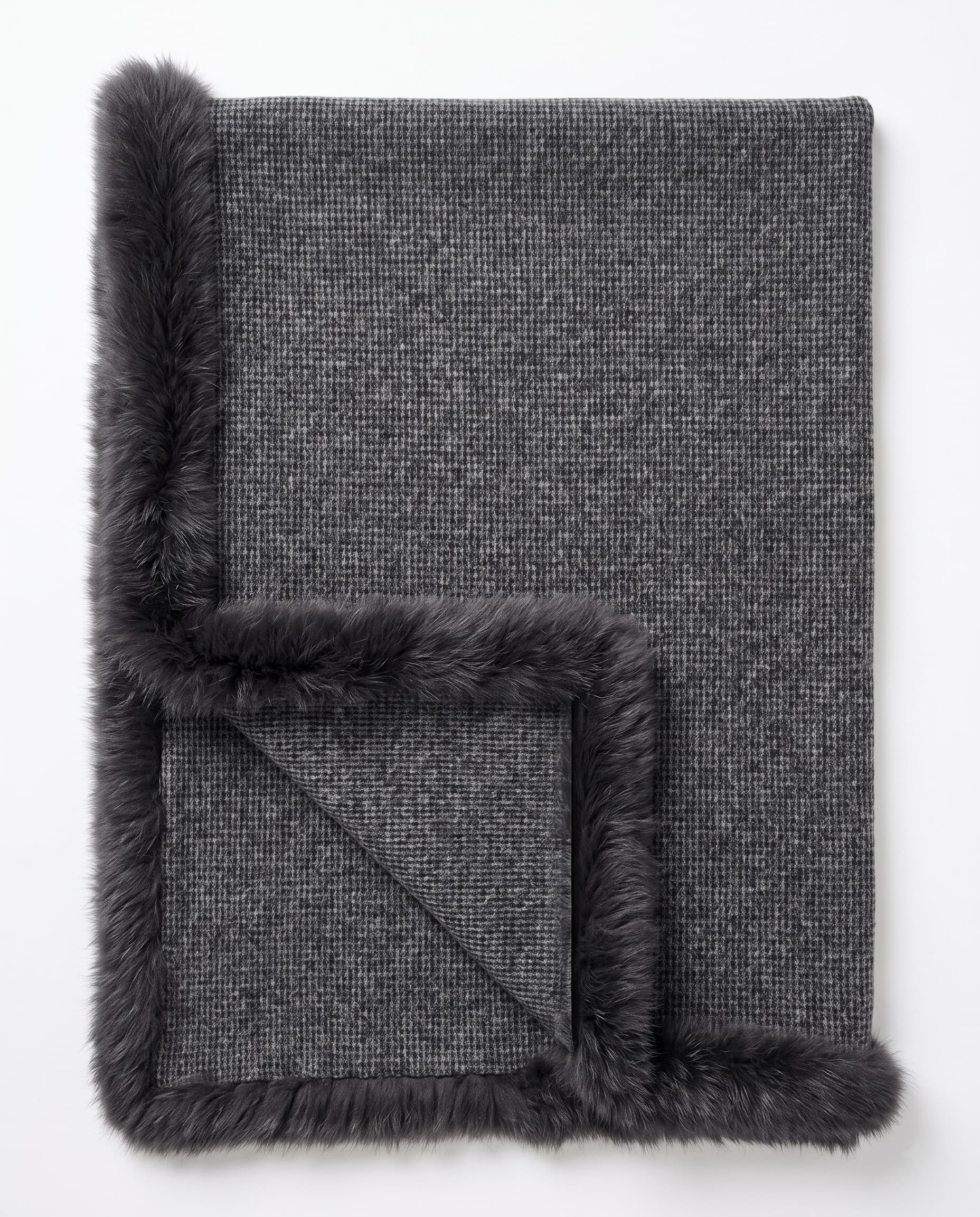 Plaid en laine mérinos — Gris chiné — bordure d’agneau, 120 × 180 cm