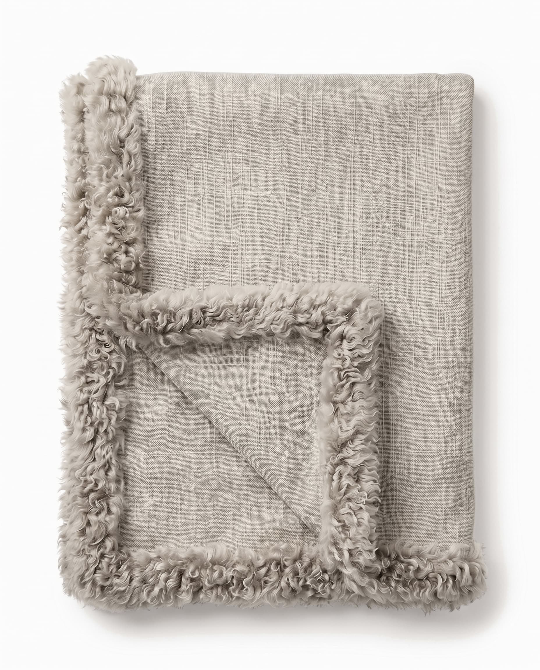 Plaid en lin et agneau — Naturel — bordure d’agneau, 140 × 180 cm