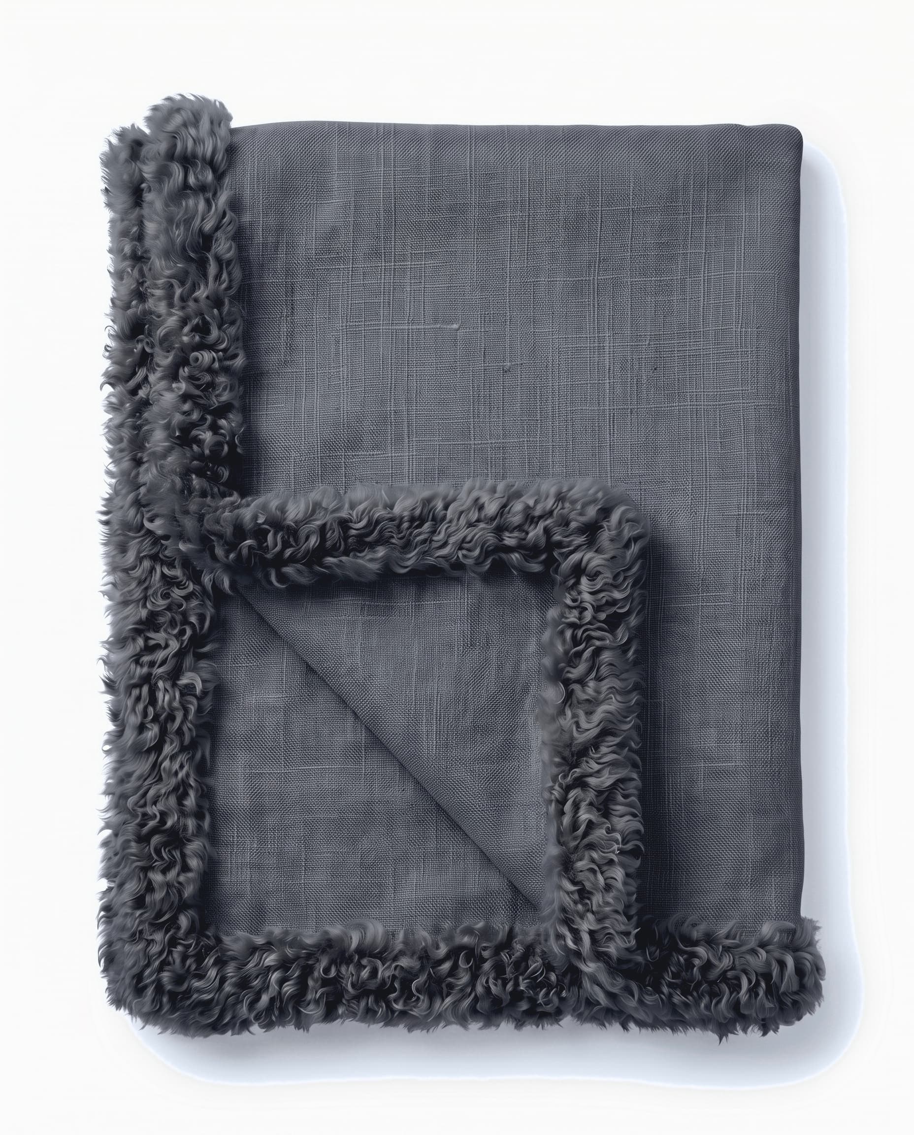 Plaid en lin et agneau — Gris chiné — bordure d’agneau, 140 × 180 cm