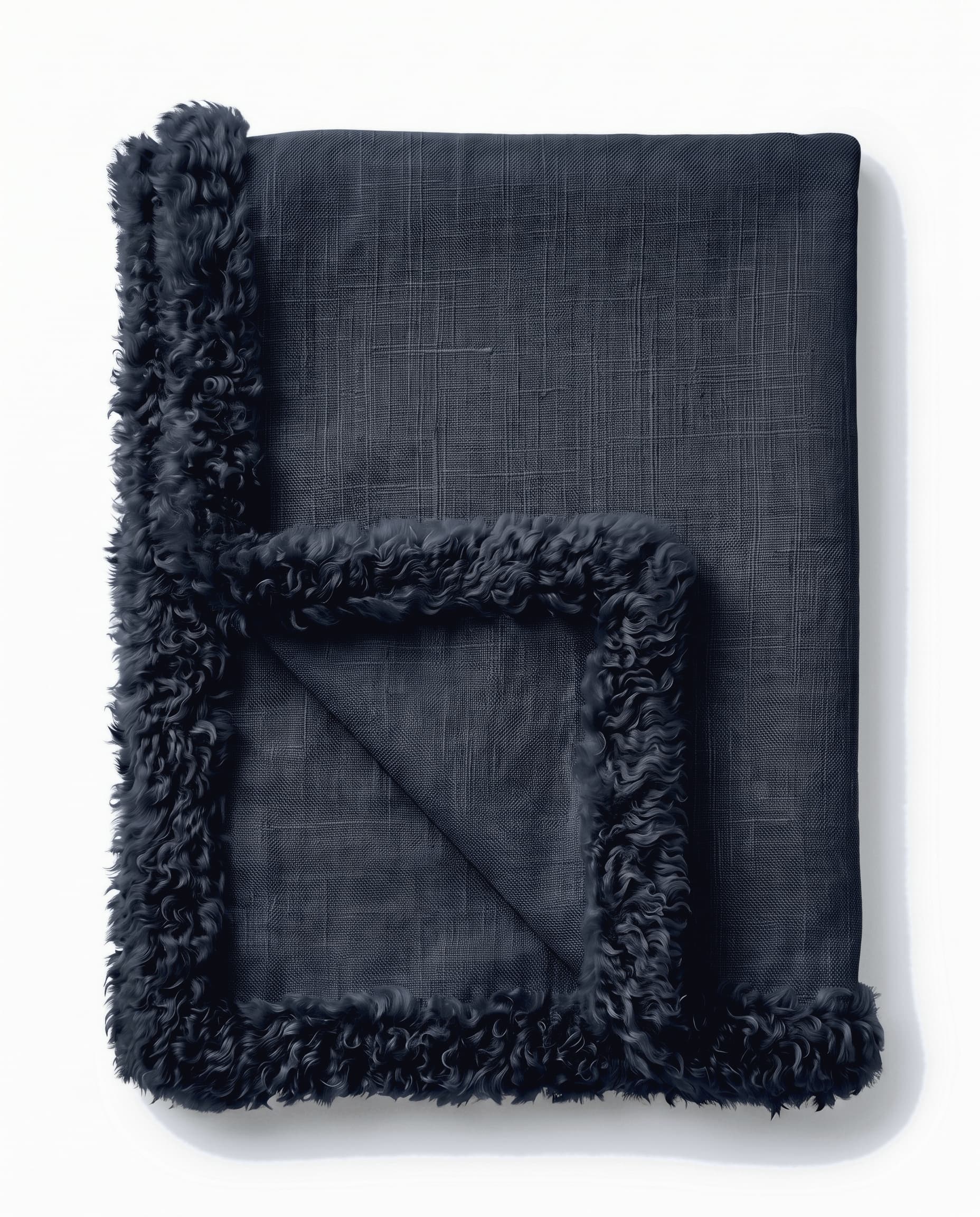 Plaid en lin et agneau — Anthracite — bordure d’agneau, 140 × 180 cm