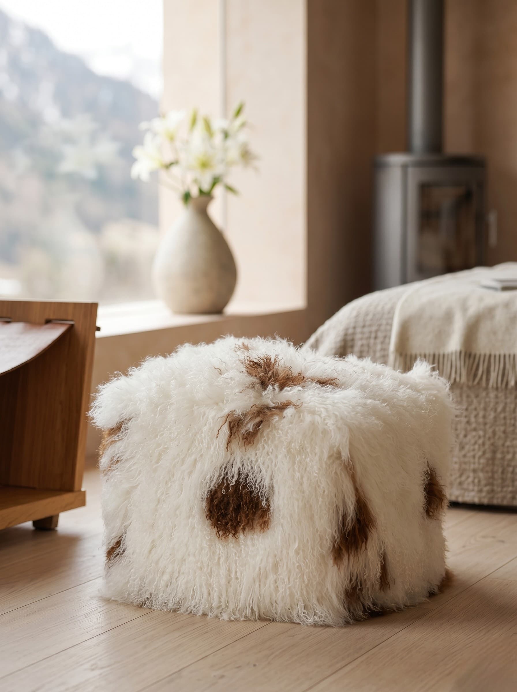 Pouf Vals en agneau tibétain, 45 × 45 × 40 cm