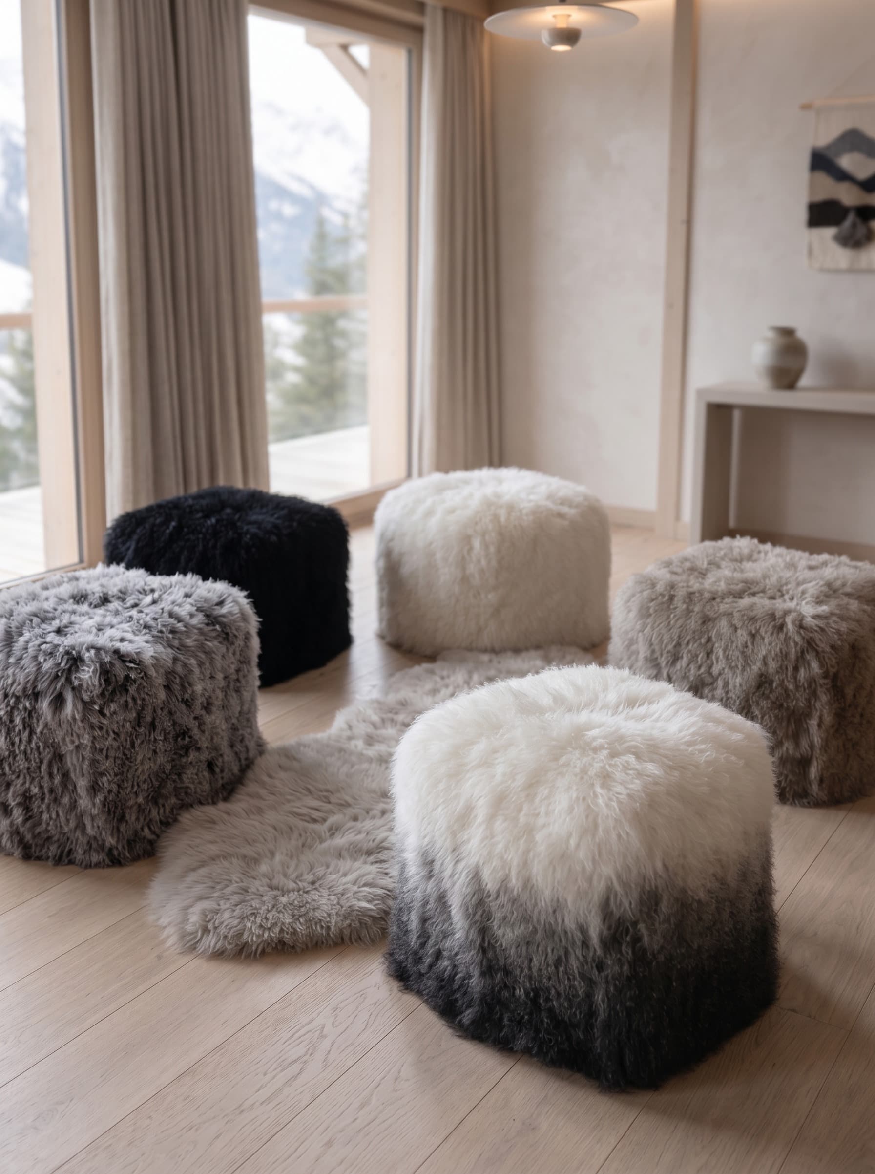 Poufs Vals cubiques réunis près de la baie, cadrage rapproché
