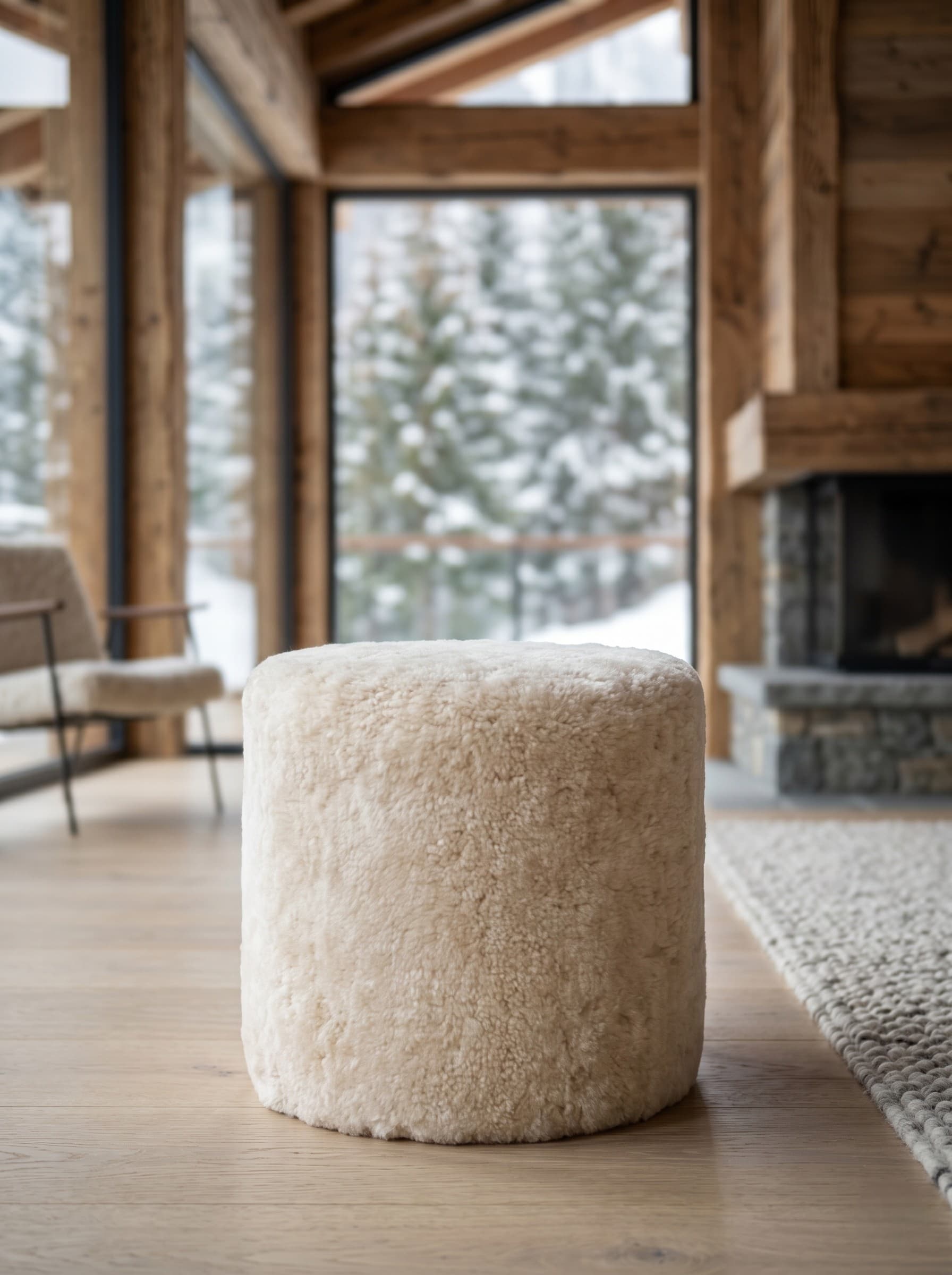 Pouf Wengen cylindrique en peau lainée tondue beige, Ø 50 × 45 cm