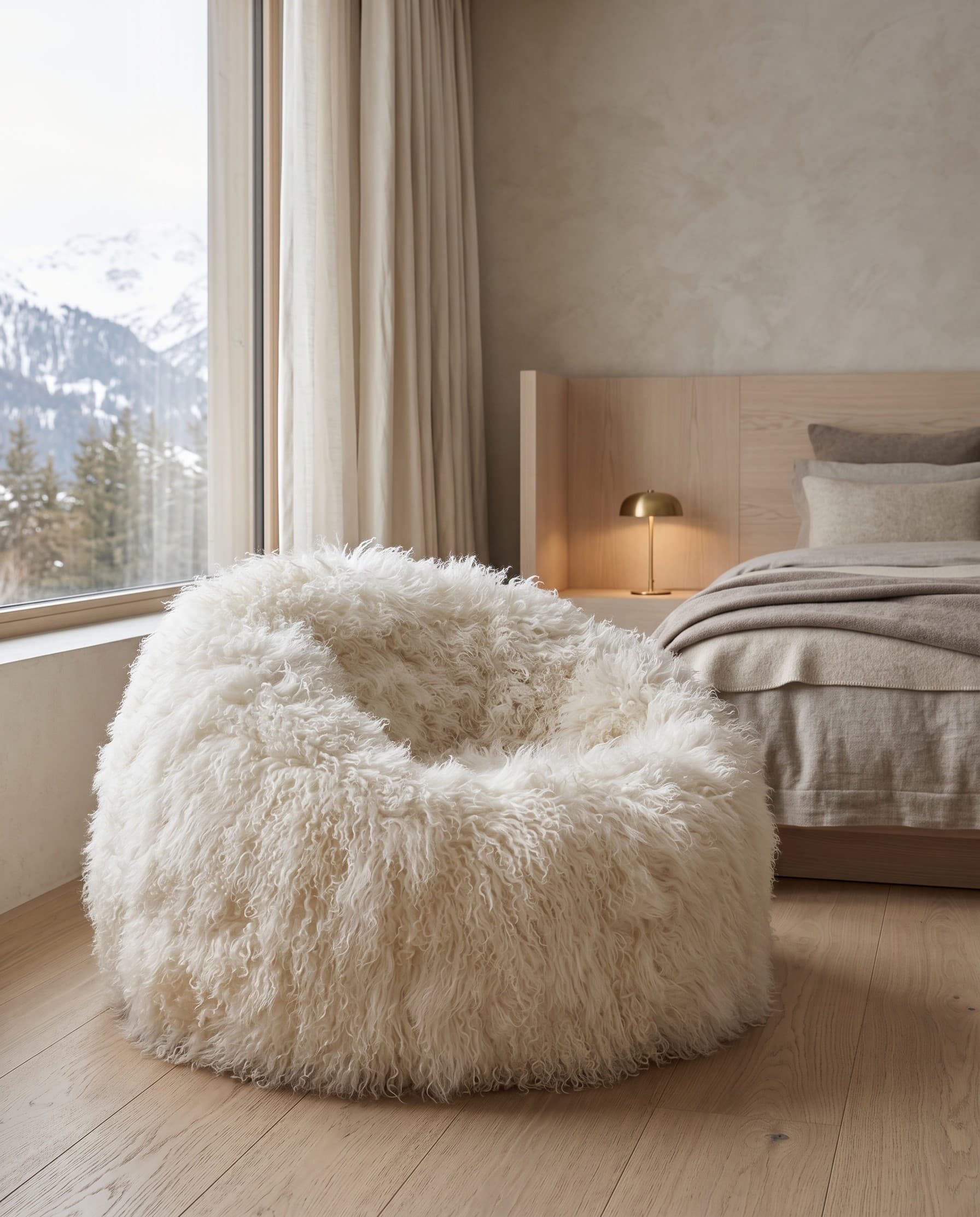 Pouf lounge Ø 80 × 70 cm, housse en agneau tibétain Ivoire, dans une chambre ouverte sur la montagne