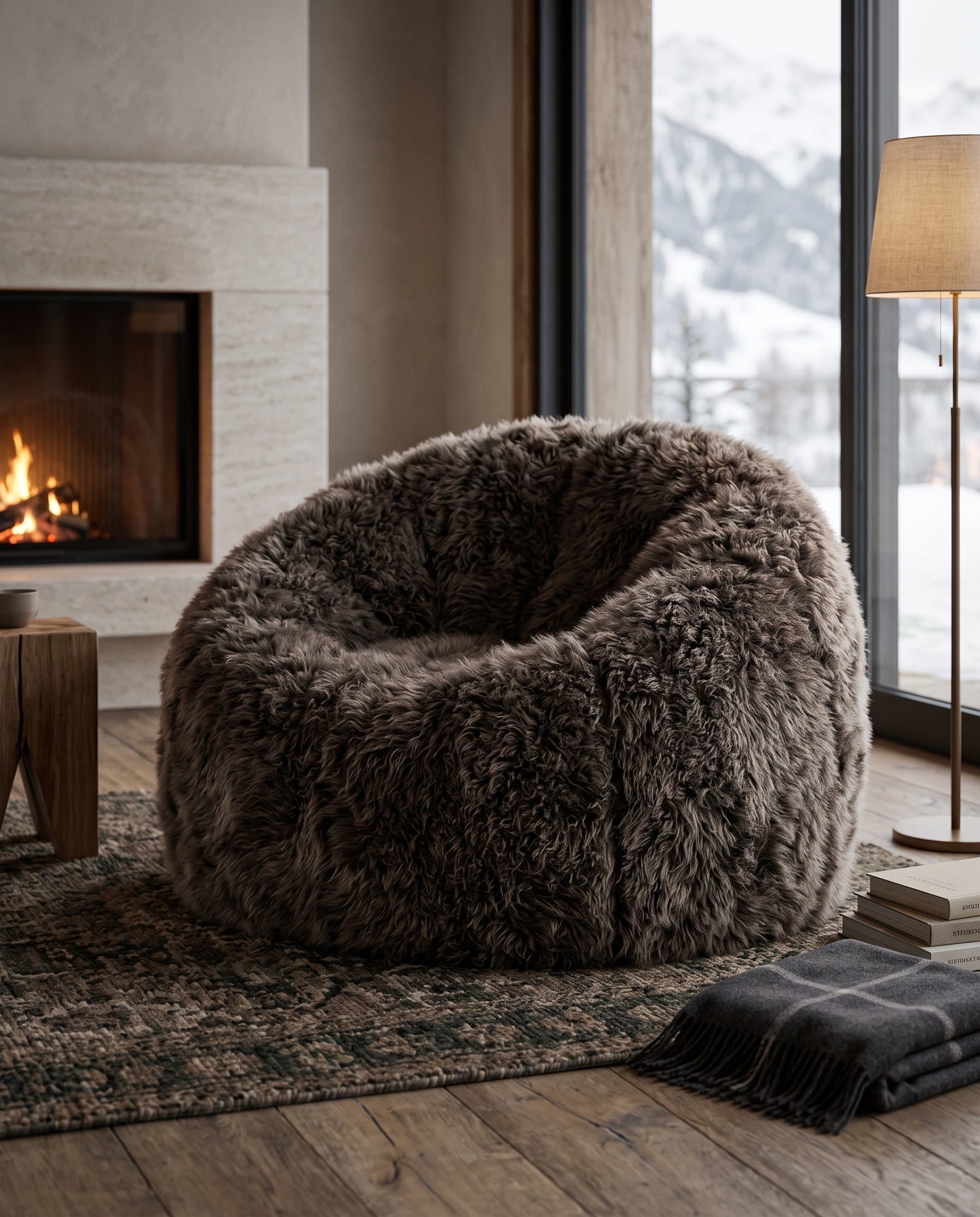 Pouf lounge Ø 120 × 80 cm, housse en peau de mouton style islandais Gris fumé, au coin du feu face aux sommets