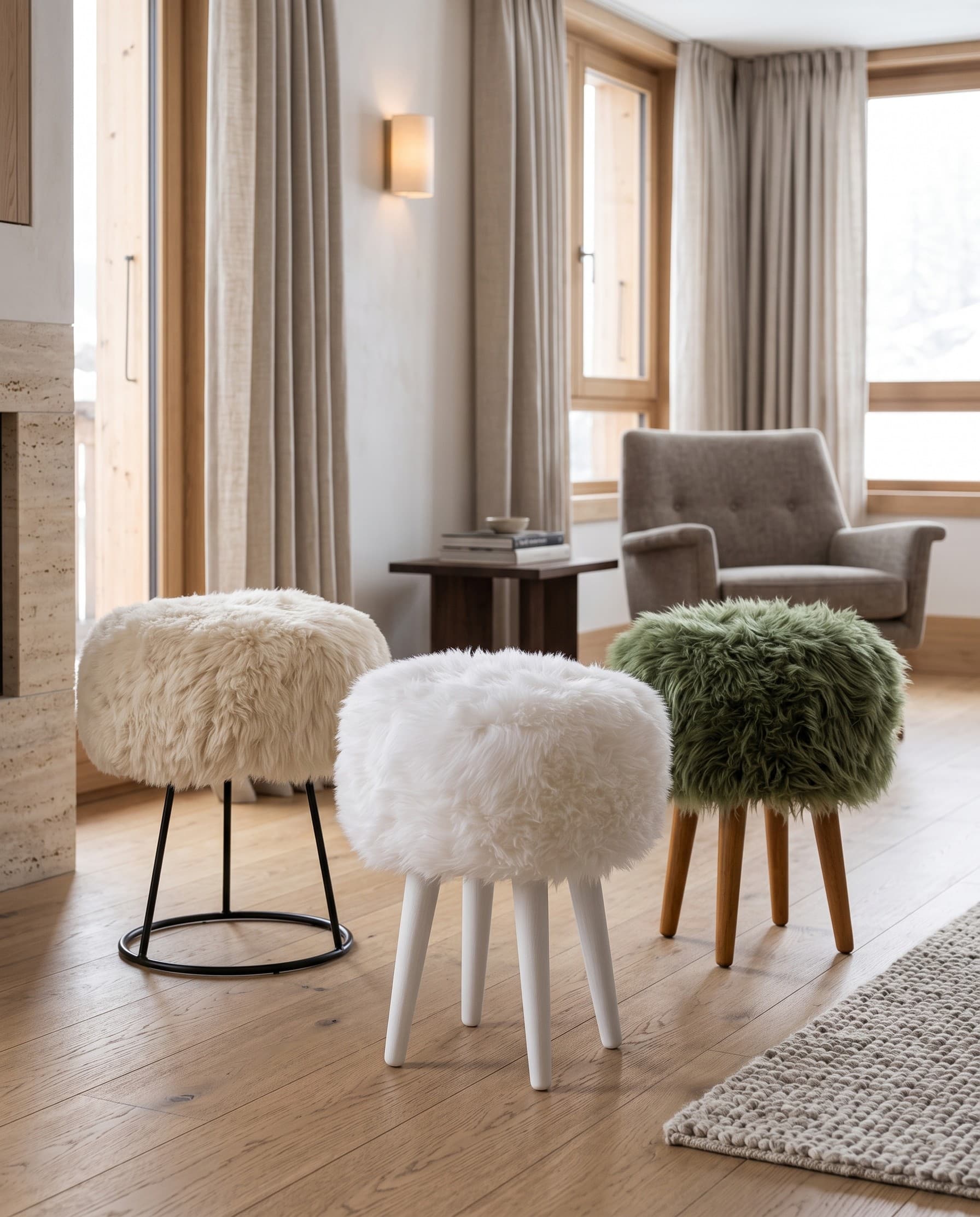 Tabourets — 35 × 35 × 45 cm, trois piètements et trois coloris dans un séjour de chalet