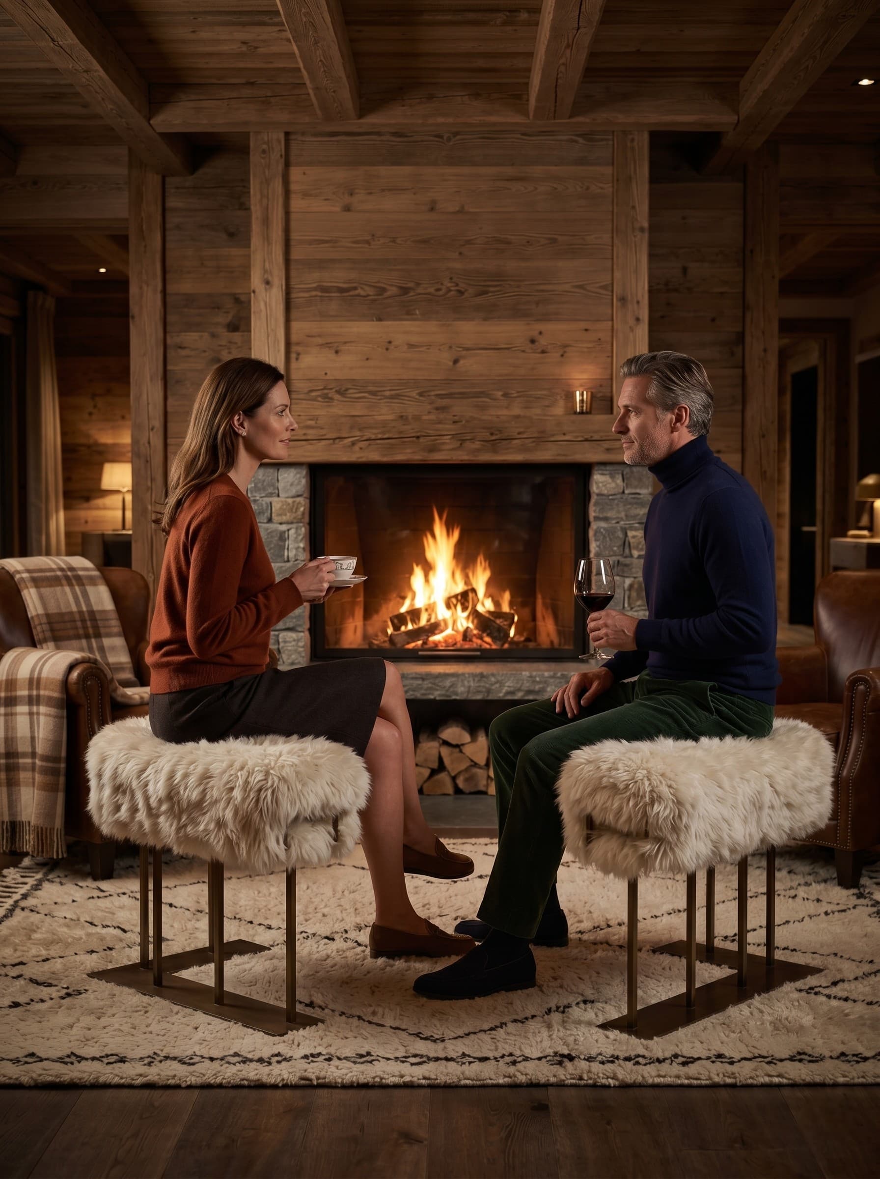 Deux tabourets en peau de mouton de Nouvelle-Zélande, face à la cheminée d’un chalet