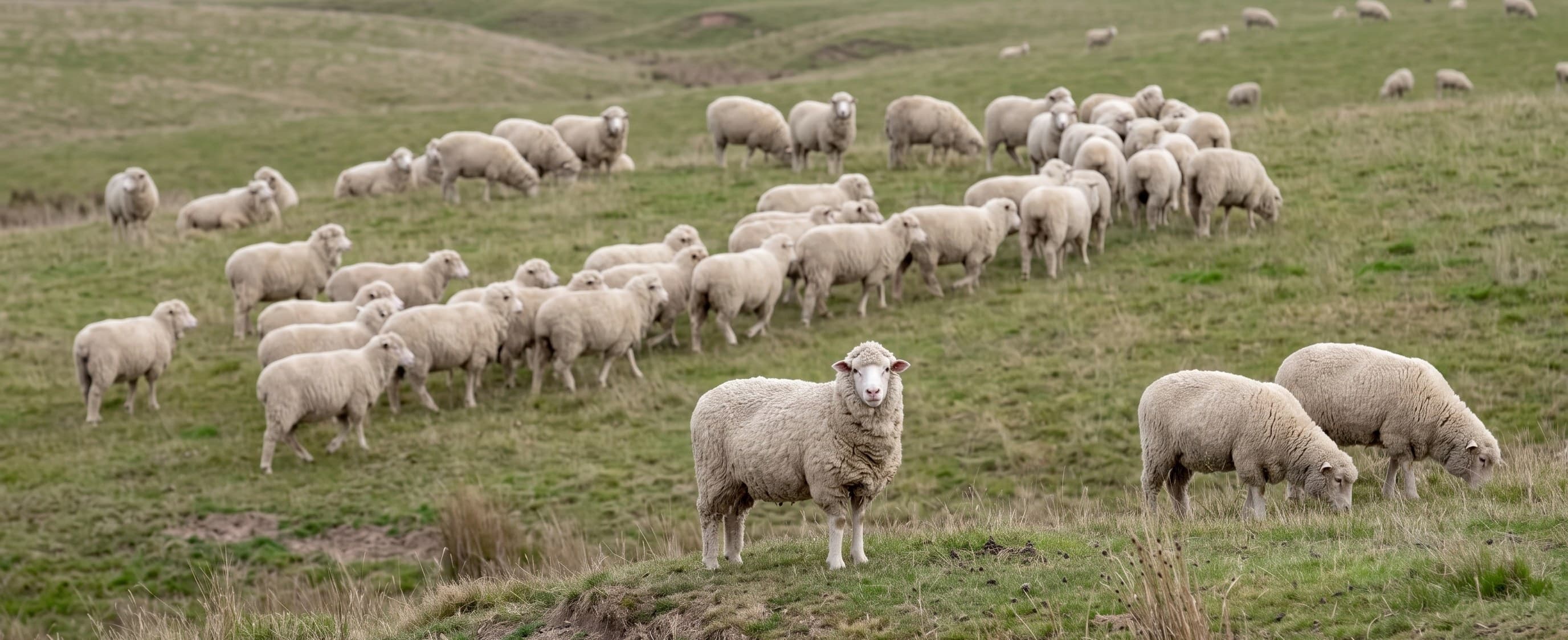 Troupeau de moutons en toison, en pâture libre sur un relief doux et ouvert